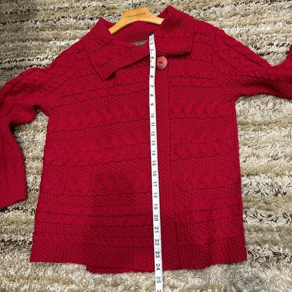 Inis Craft Large Cardigan Merino Wool Sweater One Button Cable Knit Red - Picture 12 of 12
